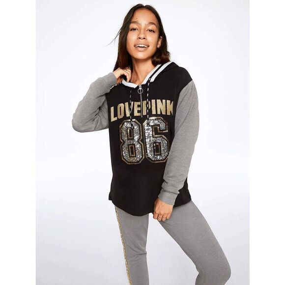 PINK Victorias Secret 86 Black Gold Silver Sequin Bling Glitter Sweater Large - Picture 8 of 8